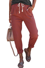 Red Solid Color Drawstring High Waisted Pants with Pockets