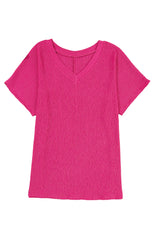 Bright Pink Basic Plain Textured V Neck T Shirt
