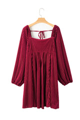 Red Square Neck Tie Back Ribbed Velvet Babydoll Dress