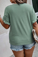Laurel Green Petal Sleeve Jacquard V Neck Plus Size Blouse