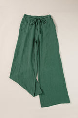 Mist Green Crinkle Textured Drawstring High Waist Wide Leg Pants