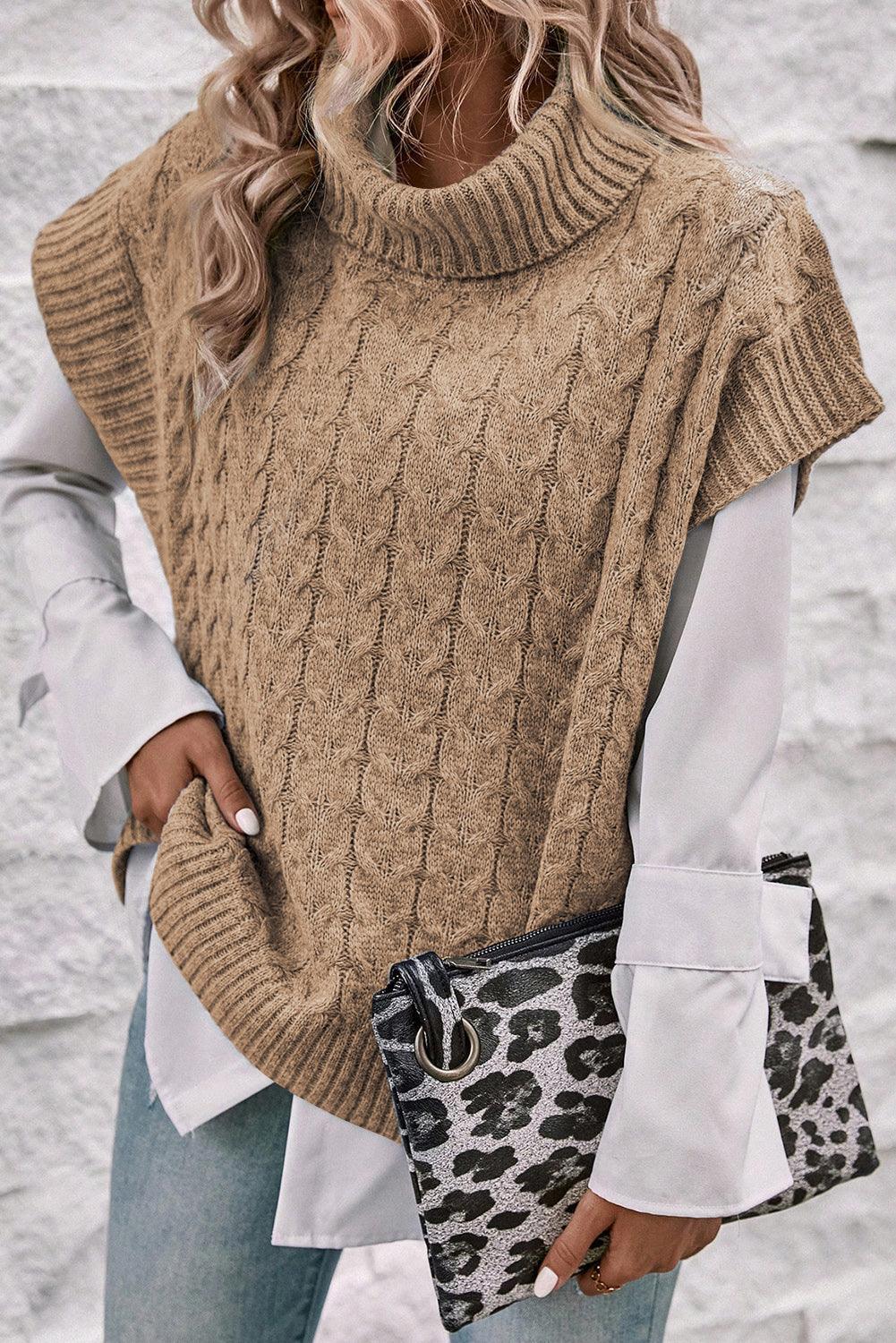 Medium Grey Cable Knit Turtleneck Short Batwing Sleeve Sweater