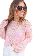 Light Pink Flower Drop Shoulder Hollow Knit Top