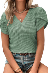 Mist Green Tulip Sleeve Waffle Knit V Neck T-Shirt