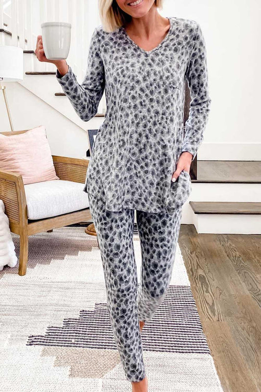 Leopard Long Sleeve Slit Top & Pants Loungewear Set
