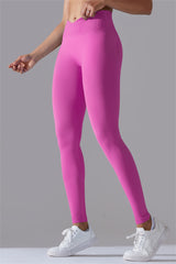 Bright Pink Solid Color Seamless V-Waistband Sports Leggings