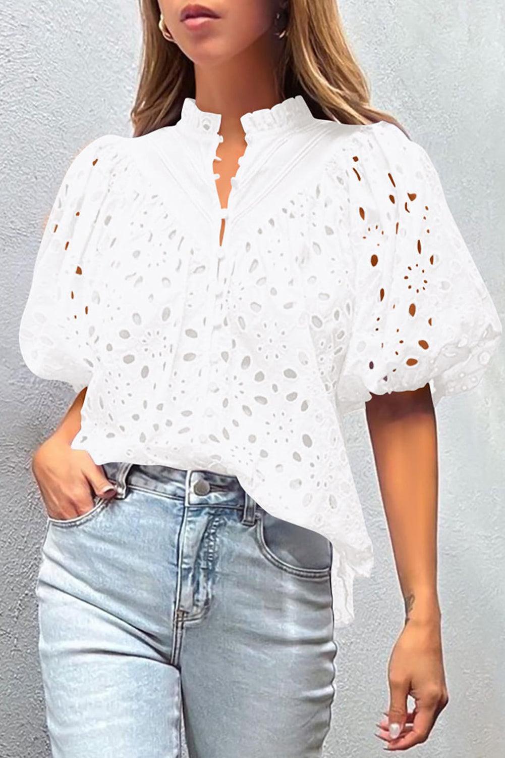 White Flower Hollow-out Short Puff Sleeve Blouse - Ninonine