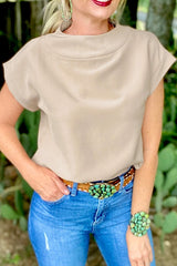 Oatmeal Solid Color Short Sleeve Zip Back Blouse