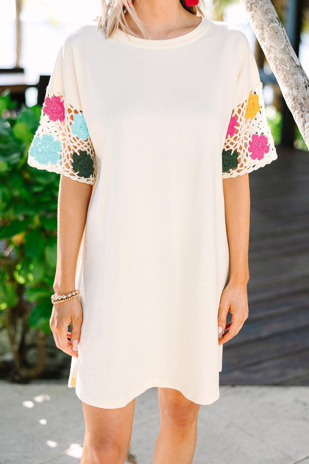 White Floral Crochet Splicing Sleeve T-shirt Dress - Ninonine