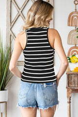 Black Striped Crew Neck Casual Ribbed Tank Top