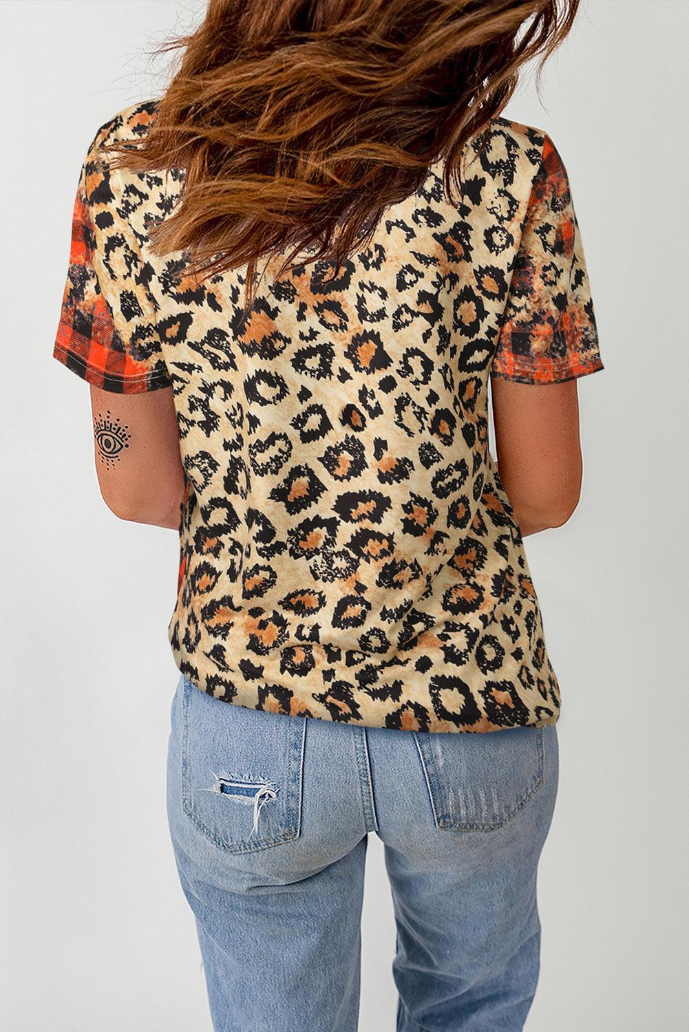 Leopard Mama Heart Shaped Plaid Graphic Crew Neck T Shirt - Ninonine
