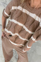 Dark Khaki Striped Twist Cable Knit Short Sleeve Sweater