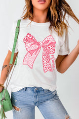 White Leopard Bowknot Graphic Crew Neck Tee