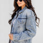 Sky Blue Pearl Beaded Chest Pockets Buttoned Denim Jacket