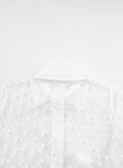 White Polka Dot Print Collared Buttoned Mesh Cover Up