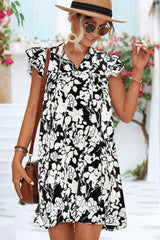 Black Tie V-Neck Ruffle Sleeve Floral Short Dress