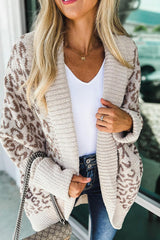 Khaki Fuzzy Leopard Ribbed Trim Pockets Lapel Collar Cardigan - Ninonine