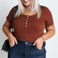 Chestnut Solid Color Plus Size Ribbed Knit Henley Tee