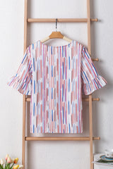 White Striped Abstract Print Ruffle Half Sleeve Blouse
