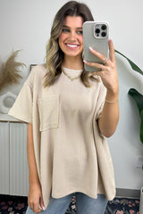 Beige Ribbed Knit Pocketed Loose Fit Crew Neck T Shirt