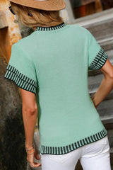 Mint Green Contrast Trim Round Neck Batwing Sleeve Knitted T Shirt