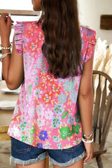 Pink Boho Floral Print Frill Neck Pleated Sleeveless Blouse