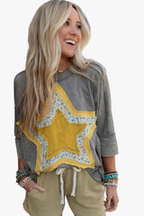 Medium Grey Floral Star Patched Exposed Seam Mineral Wash Top