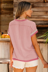 Light Pink Textured Colorblock Round Neck T Shirt