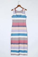 Multicolor Stripe Print Slit Tank Maxi Dress
