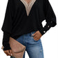 Black Guipure Lace Splicing V Neck Batwing Sleeve Top