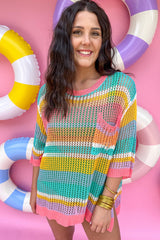 Pink Striped Color Block Hollow Crochet 3/4 Sleeve T Shirt