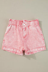 Dusty Pink Vintage Washed Frilled High Waist Denim Shorts