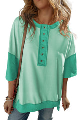 Bright Green Contrast Color Patchwork Oversized Henley T Shirt