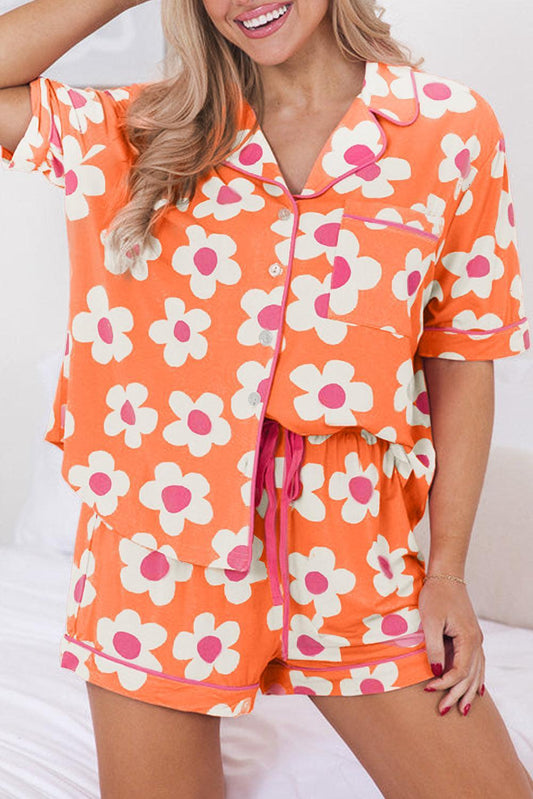 Orange Flower Print Buttoned Shirt and Drawstring Waist Pajama Set