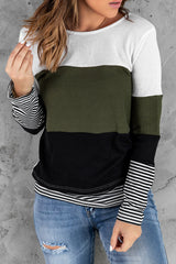 Green Stylish Colorblock Splicing Stripes Top