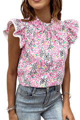 Pink Abstract Floral Print Flutter Sleeves Top