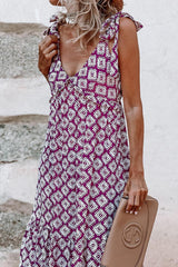 Purple Geometric Print Knotted Straps V Neck Maxi Dress