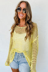 Yellow Knit Cut Out Crochet Bell Sleeve Tunic Top - Ninonine