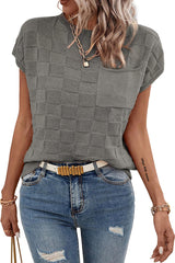 Gray Lattice Textured Knit Chest Pocket Loose Blouse