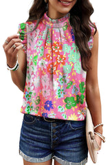 Pink Boho Floral Print Frill Neck Pleated Sleeveless Blouse