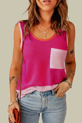 Rose Red Color Block Patched Pocket Waffle Knit Tank Top