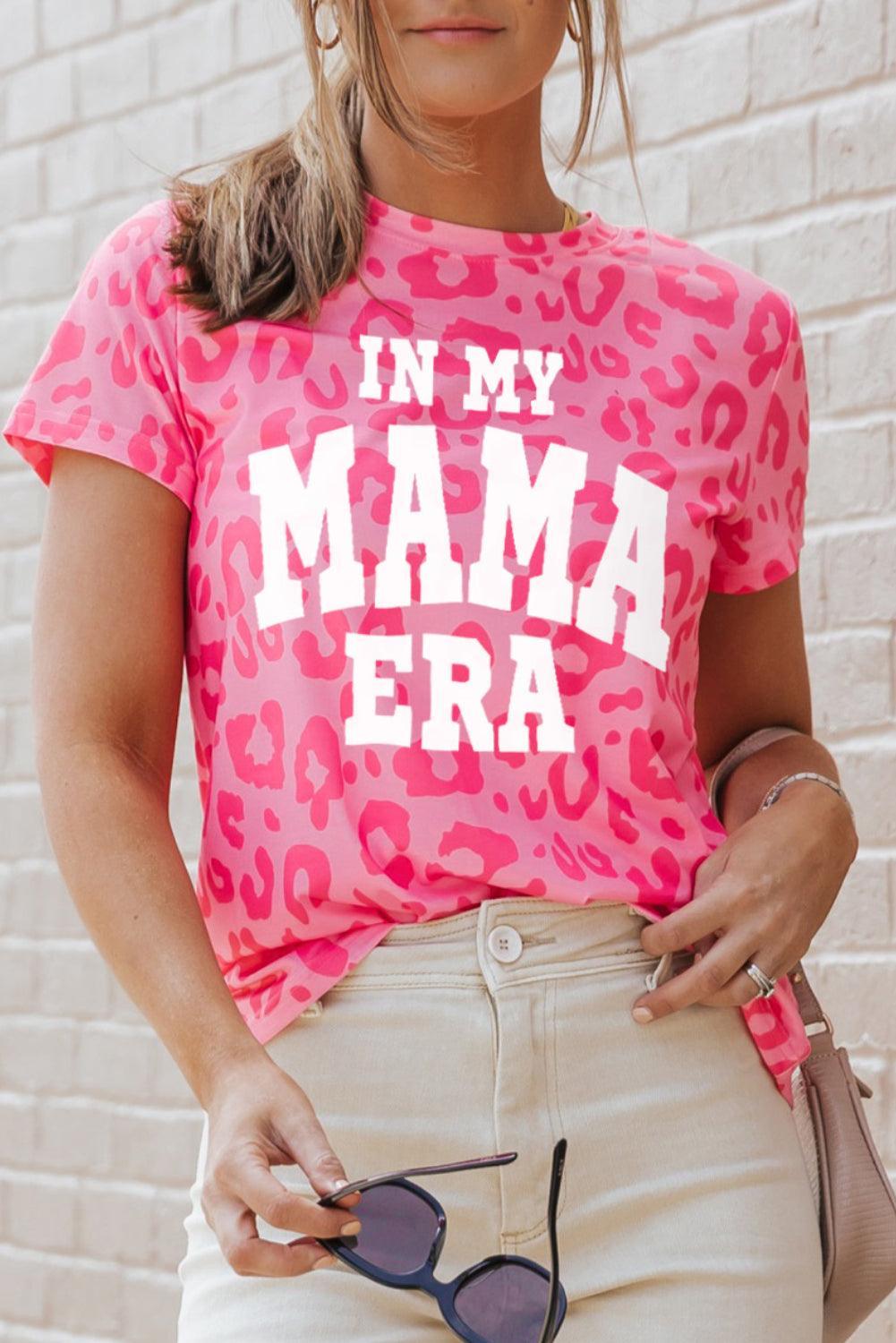 Pink Leopard IN MY MAMA ERA Slogan Graphic Tee - Ninonine