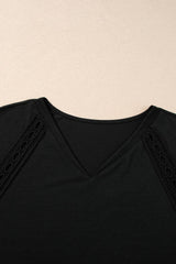 Black Crochet Lace Detail Batwing Sleeve Oversized Tee