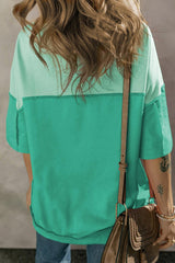 Bright Green Contrast Color Patchwork Oversized Henley T Shirt
