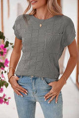 Gray Lattice Textured Knit Chest Pocket Loose Blouse