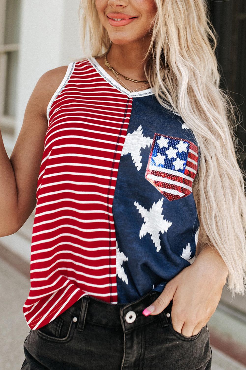 Red American Flag Sequin Graphic Patchwork V Neck Tank Top - Ninonine