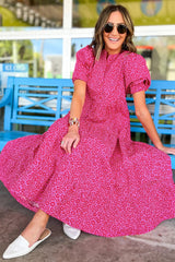 Rose Red Mock Neck Puff Sleeve Floral Tiered Maxi Dress
