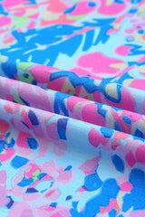 Pastel Blue Abstract Floral Print Short Sleeve V Neck T Shirt