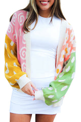 Orange Flower & Dotted Print Colorblock Open Front Cardigan