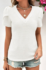 White Petal Sleeve Waffle Knit V Neck T-Shirt - Ninonine